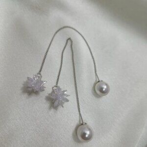 Korean Floral Design Faux Pearl Drop Dangle Women's Fashion earrings Set 2.5"